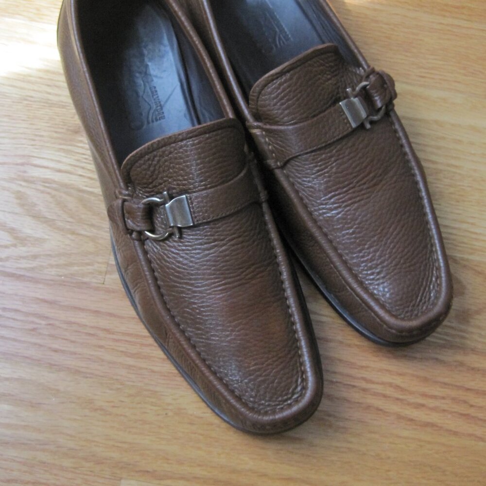 Men's SALVATORE FERRAGAMO "ADAM" Cognac Pebbled Leather Loafers Size 10